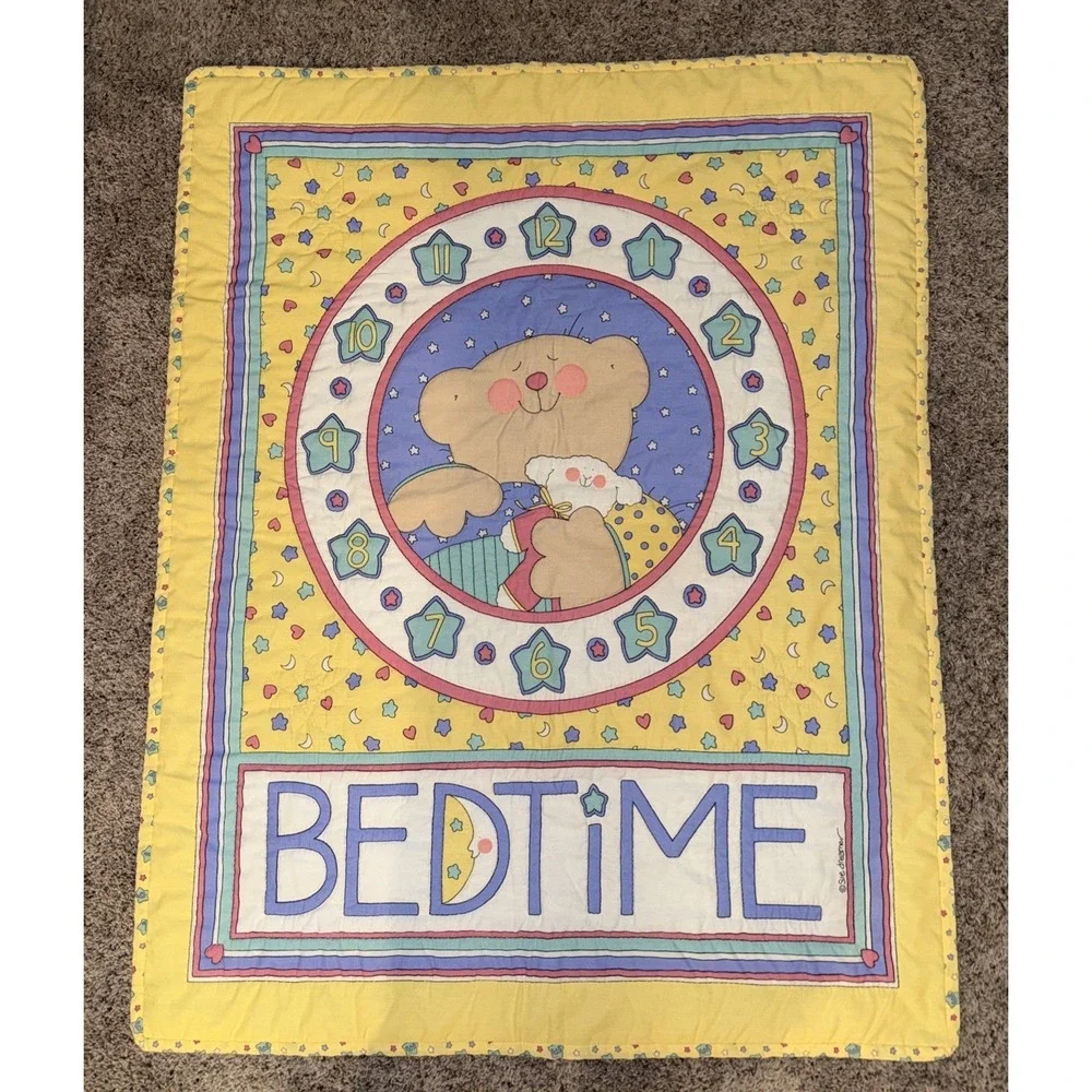 Vintage Crib‎ Quilt Sue Dreamer Teddy Bear Baby Blanket Clock Bedtime 34x44 Nice